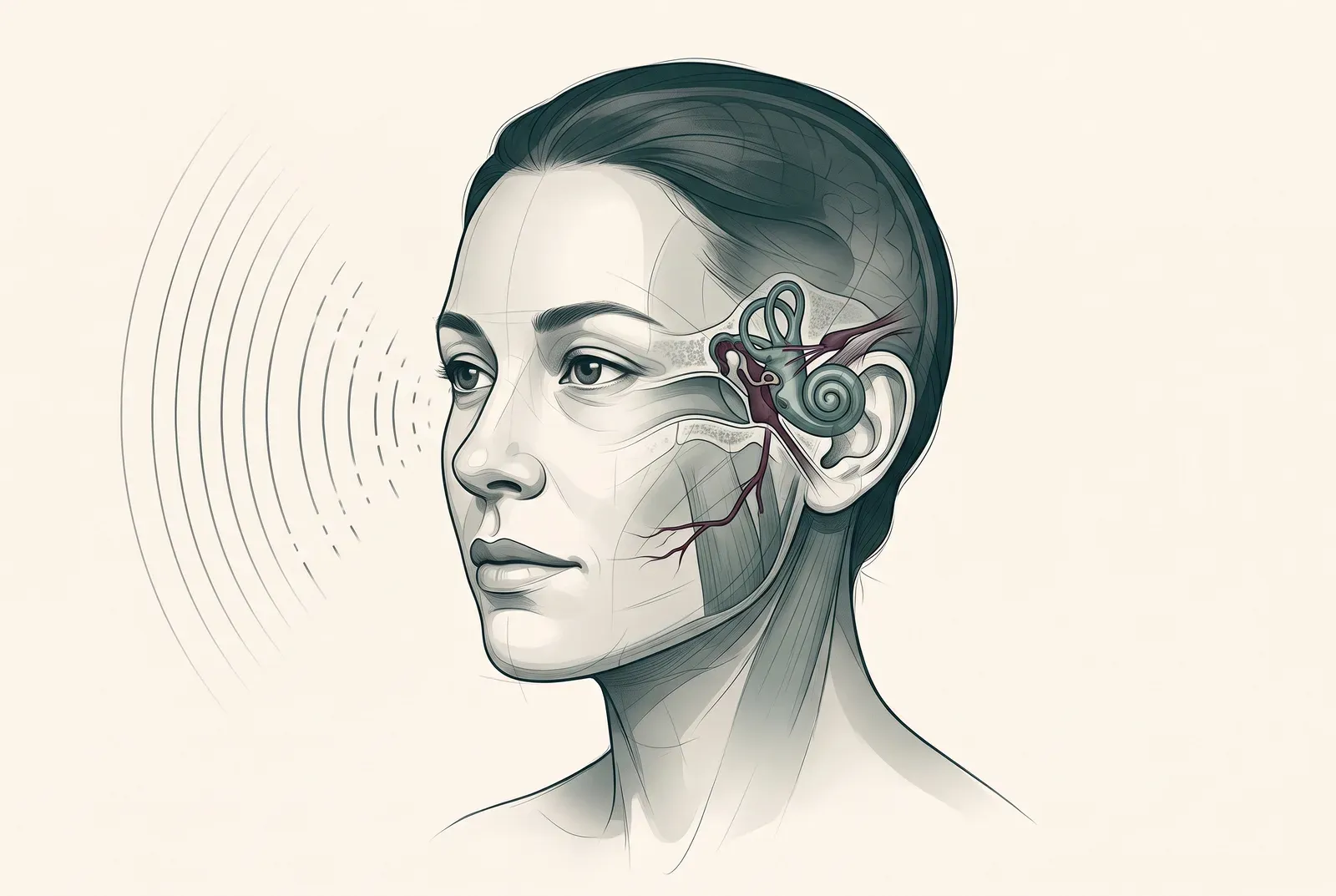 Medical illustration of the ear canal, inner ear and hearing nerve with incoming sound waves