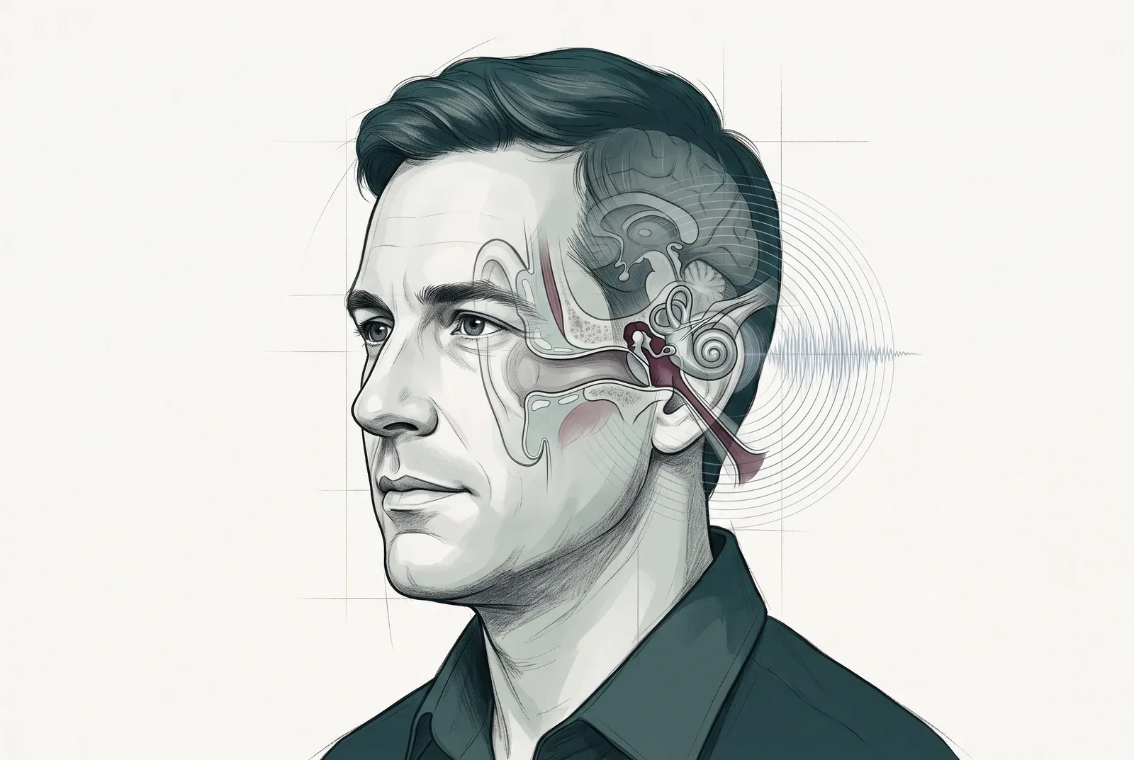 Medical illustration of the ear and the hearing pathway with concentric sound rings